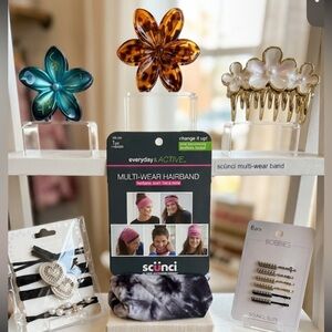 6 pc set Multi-Wear Hairband, 3 claw clips, hair ties and rhinestone Bobbi Pins
